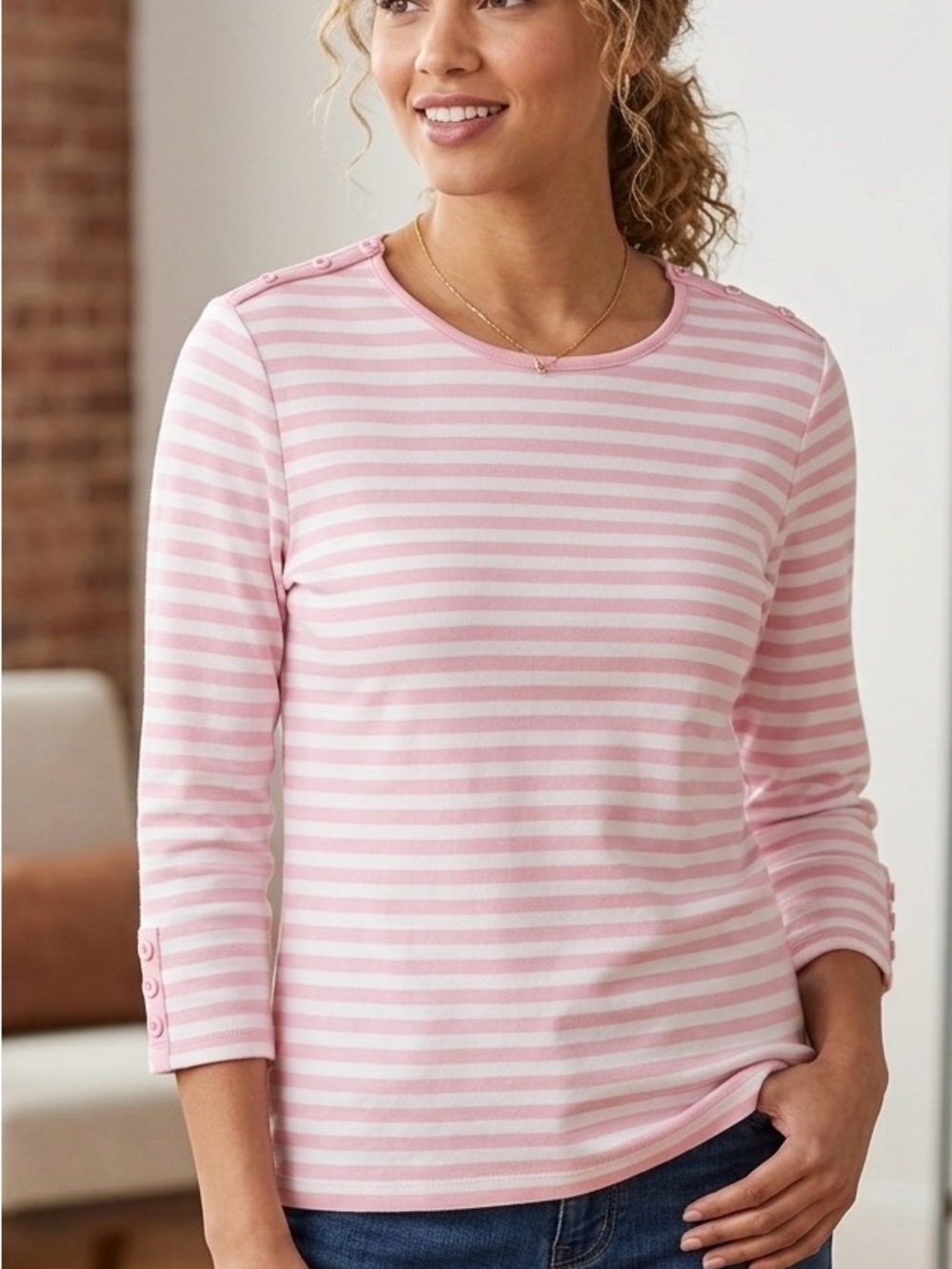 Allison Daley Pink & White Striped Button-Detail Top (Petite Small)